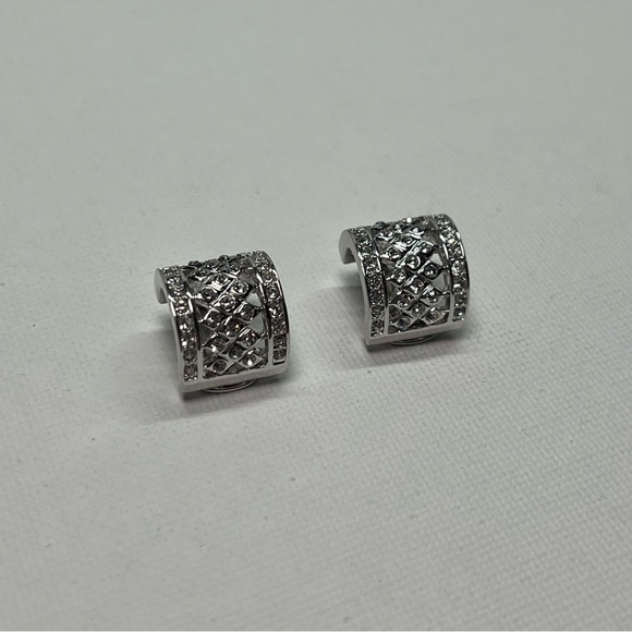 Vintage Silver Tone Rhinestone Hoop Clip On Earrings - Picture 2 of 9